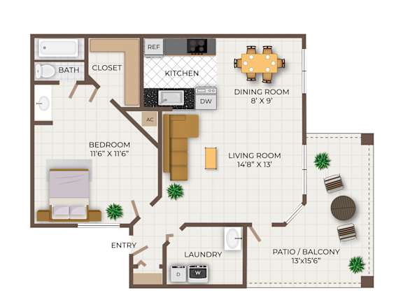 A 2 bedroom apartment with one bath is 705 square feet.