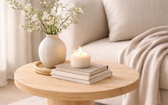 A wooden table with a vase of flowers, a lit candle, and a stack of books.