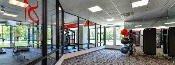 A gym with a carpeted floor and a row of mirrors on the right side.