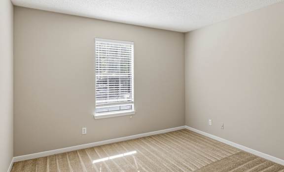 A room with a window and a light brown carpet.