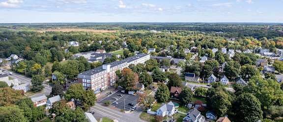 an aerial view of a small town with trees and houses