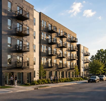 A modern apartment building with balconies on the upper floors.