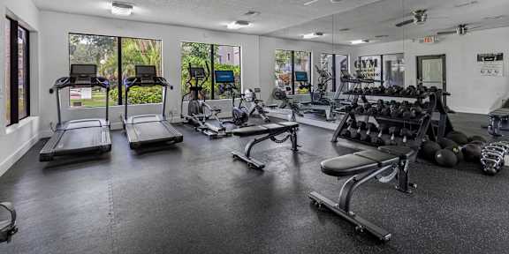 a home gym with weights and cardio equipment