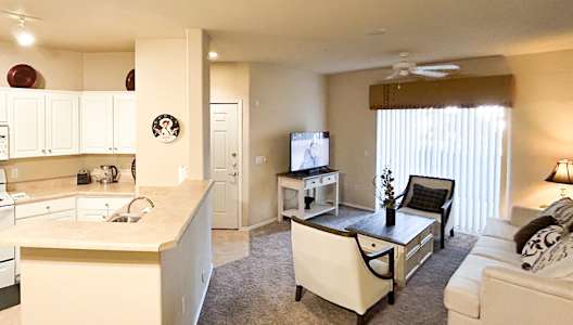 A well-lit, clean, and modern kitchen and living room.