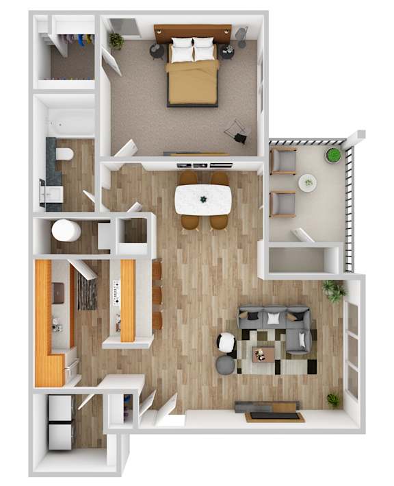 A floor plan of a small apartment with a kitchen, living room, and bedroom.