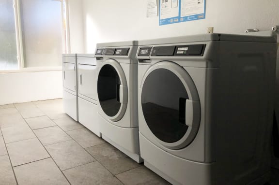 a row of washers and dryers in a laundry room