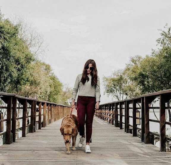 A woman walking a dog on a wooden bridge.