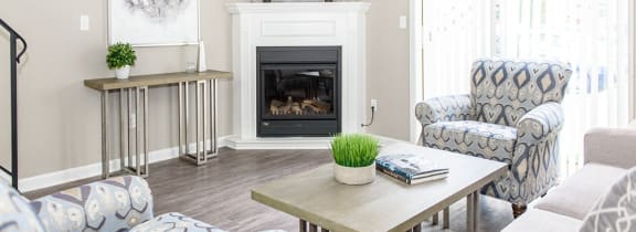 a living room with blue and white furniture and a fireplace