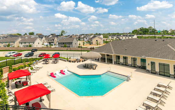 A large swimming pool surrounded by red sunshades and lounge chairs.