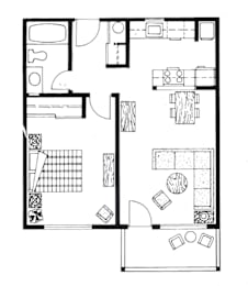 A black and white image of a one bedroom apartment floor plan.
