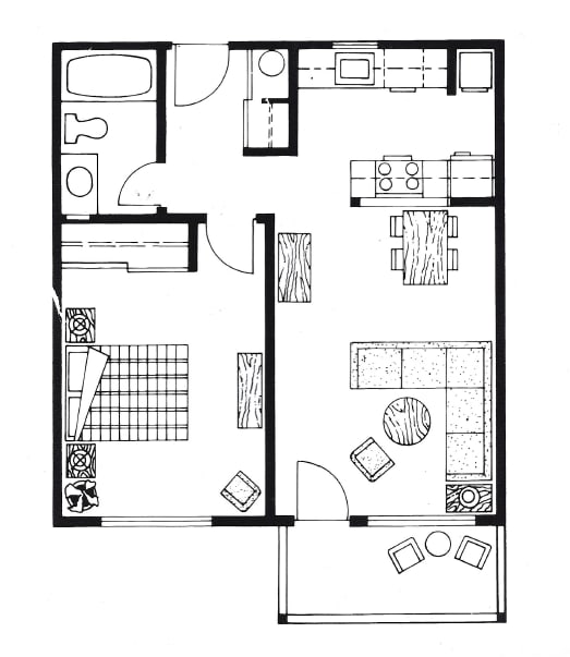 A black and white image of a one bedroom apartment floor plan.