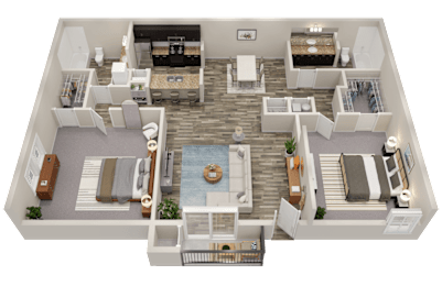 A 3D rendered image of a modern apartment layout.