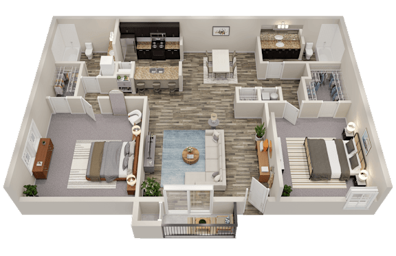 A 3D rendered image of a modern apartment layout.