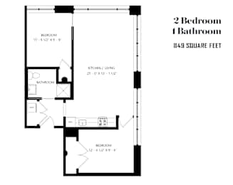 A floor plan for a 2 bedroom 1 bathroom apartment.