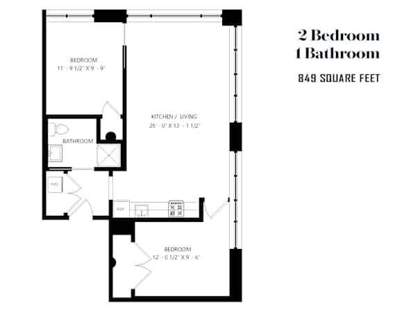 A floor plan for a 2 bedroom 1 bathroom apartment.
