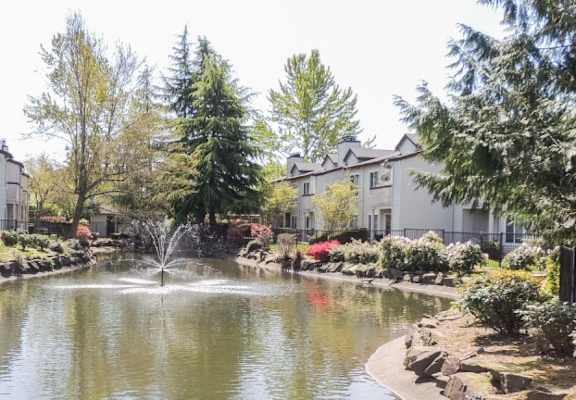A serene pond in a residential area surrounded by houses and trees.