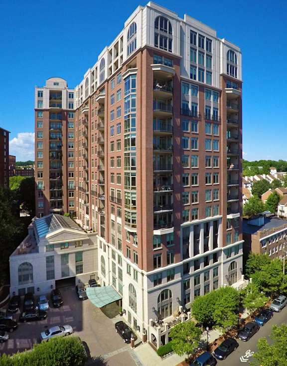 an aerial view of a tall building in a city at HIGHGROVE, Stamford, Connecticut