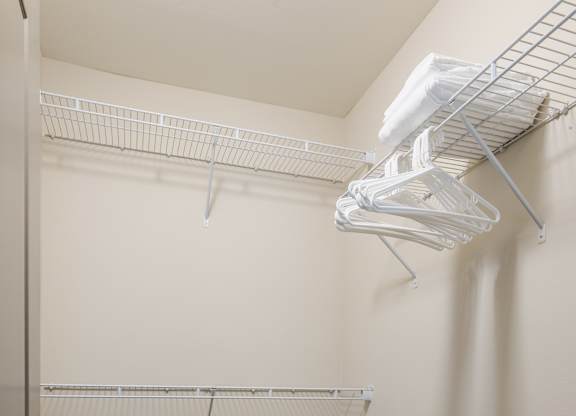 A walk-in closet with a carpeted floor and a metal rack.