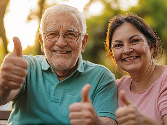 an older man and woman giving thumbs up while sitting on a bench