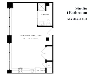 A black and white floor plan of a studio apartment with a bathroom, bedroom/kitchen/living area, and a pantry.