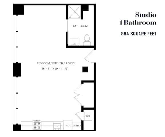 A black and white floor plan of a studio apartment with a bathroom, bedroom/kitchen/living area, and a pantry.