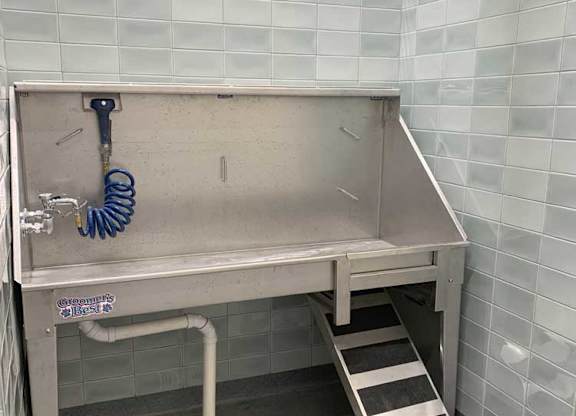 a stainless steel pet wash station with a ramp against a tiled wall
