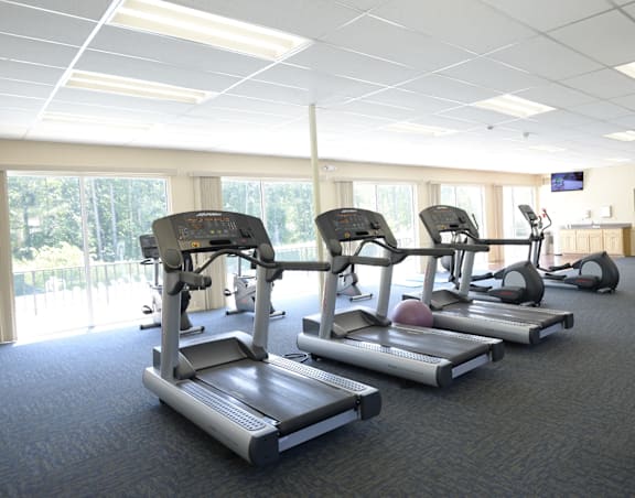 A gym with treadmills and elliptical machinesSilver Grid at Woodridge Apartments, 3901 Noyes Circle, Randallstown