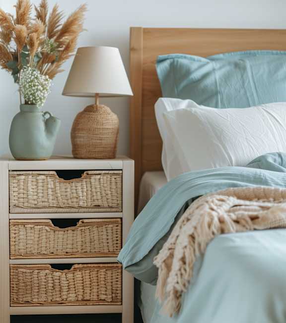 A modern bedroom with a grey headboard and a wooden floor.