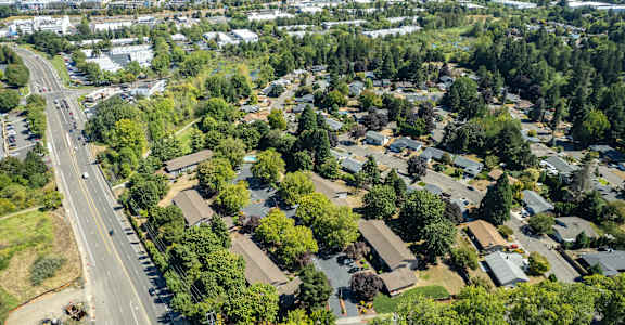 an aerial view of a neighborhood of houses and trees and a highway