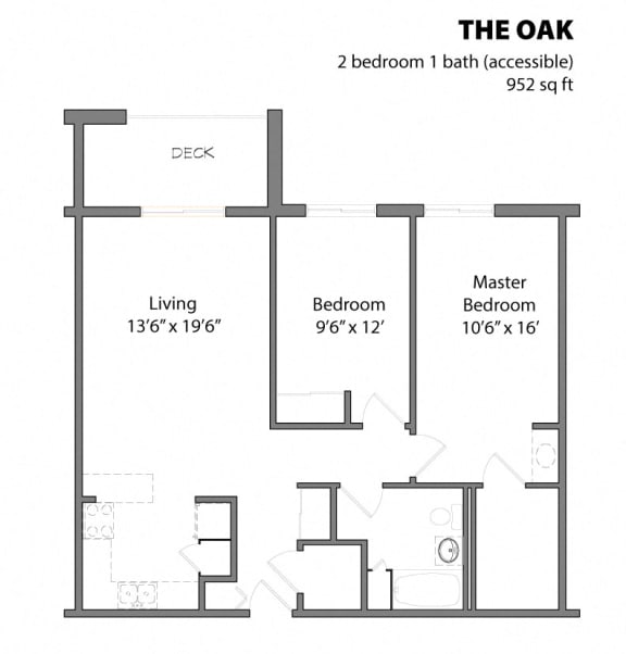 Floor Plan  2 Bed 1 Bath The Oak Floor Plan at Aspenwoods Apartments, Eagan, MN, 55123