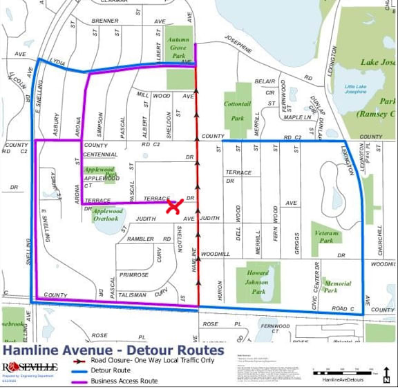 A map of Hamline Avenue with detour routes and road closures.