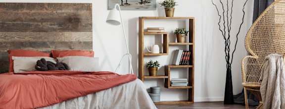 a bedroom with a bed and a bookcase