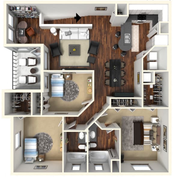 Floor Plan  3 bed 2 bath A at Rivertree Apartments, Florida, 33578