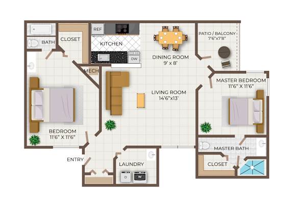 A floor plan of a two bedroom apartment with two bathrooms.
