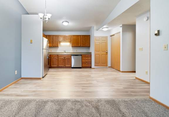 A kitchen area with wooden cabinets and a grey rug on the floor.