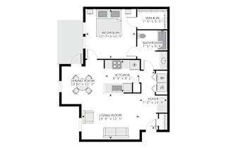 A floor plan of a living space with a living room, dining room, kitchen, bathroom, and bedroom.
