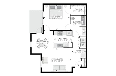One bedroom floor plan with walk-in closet at Riverview Apartments, Chalmette, Louisiana