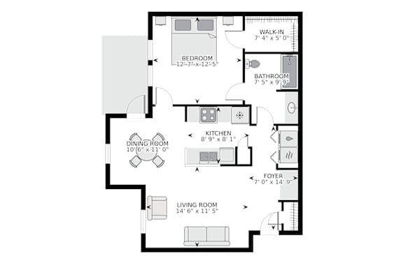 Floor Plan  A floor plan of a living space with a living room, dining room, kitchen, bathroom, and bedroom.