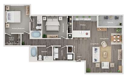 A floor plan of a house showing a living room, dining room, kitchen, and multiple bathrooms.