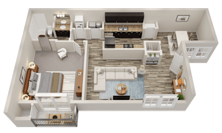A 3D floor plan of a house with a kitchen, living room, and bathroom.