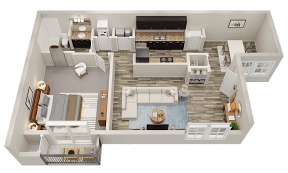 A 3D floor plan of a house with a kitchen, living room, and bathroom.