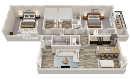 A 3D floor plan of a house with multiple bedrooms and a living area.
