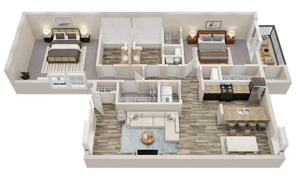 A 3D floor plan of a house with multiple bedrooms and a living area.