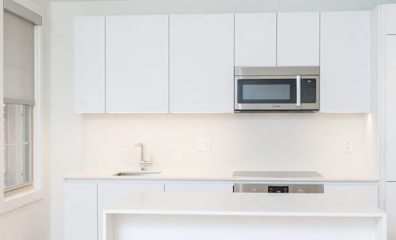 Renovated kitchen with integrated fridge and granite countertops