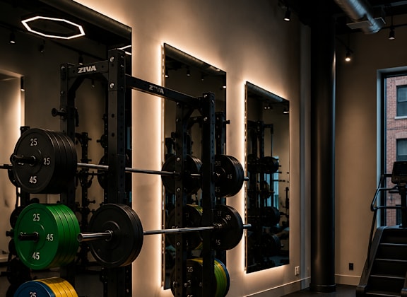 A gym with a weight rack and a mirror.