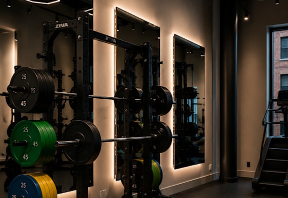 Gym with ambient lights at Textile Lofts Apartments, Cincinnati, OH 45202