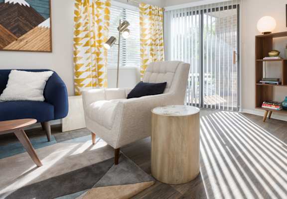 Clover Creek Apartments Model Living Room and Patio Door
