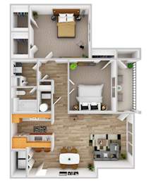 A floor plan of a house with a living room, kitchen, and two bedrooms.