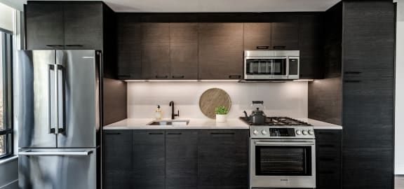 a kitchen with stainless steel appliances and black cabinets