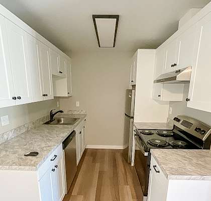 A kitchen with white cabinets and a marble countertop.
